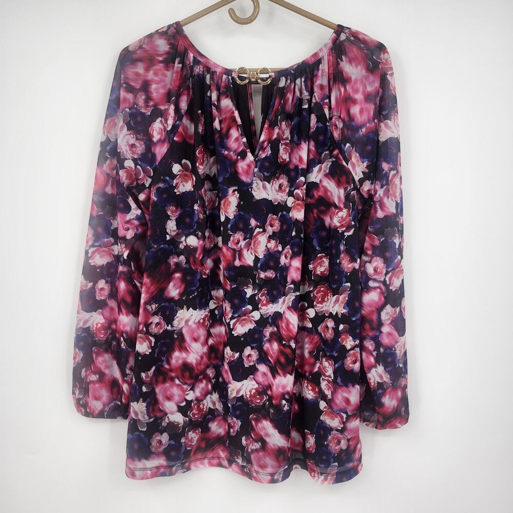 Jennifer Lopez JL Women's 0X Floral Chiffon Blouse Pink Purple Navy Long Sleeve